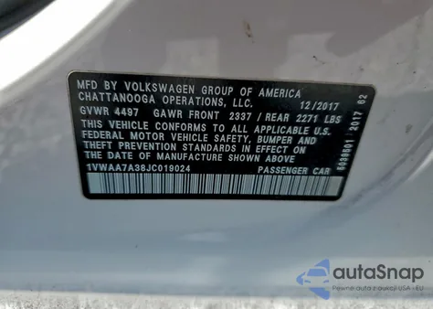 2018 Volkswagen Passat S from USA, damaged, VIN 1VWAA7A38JC019024